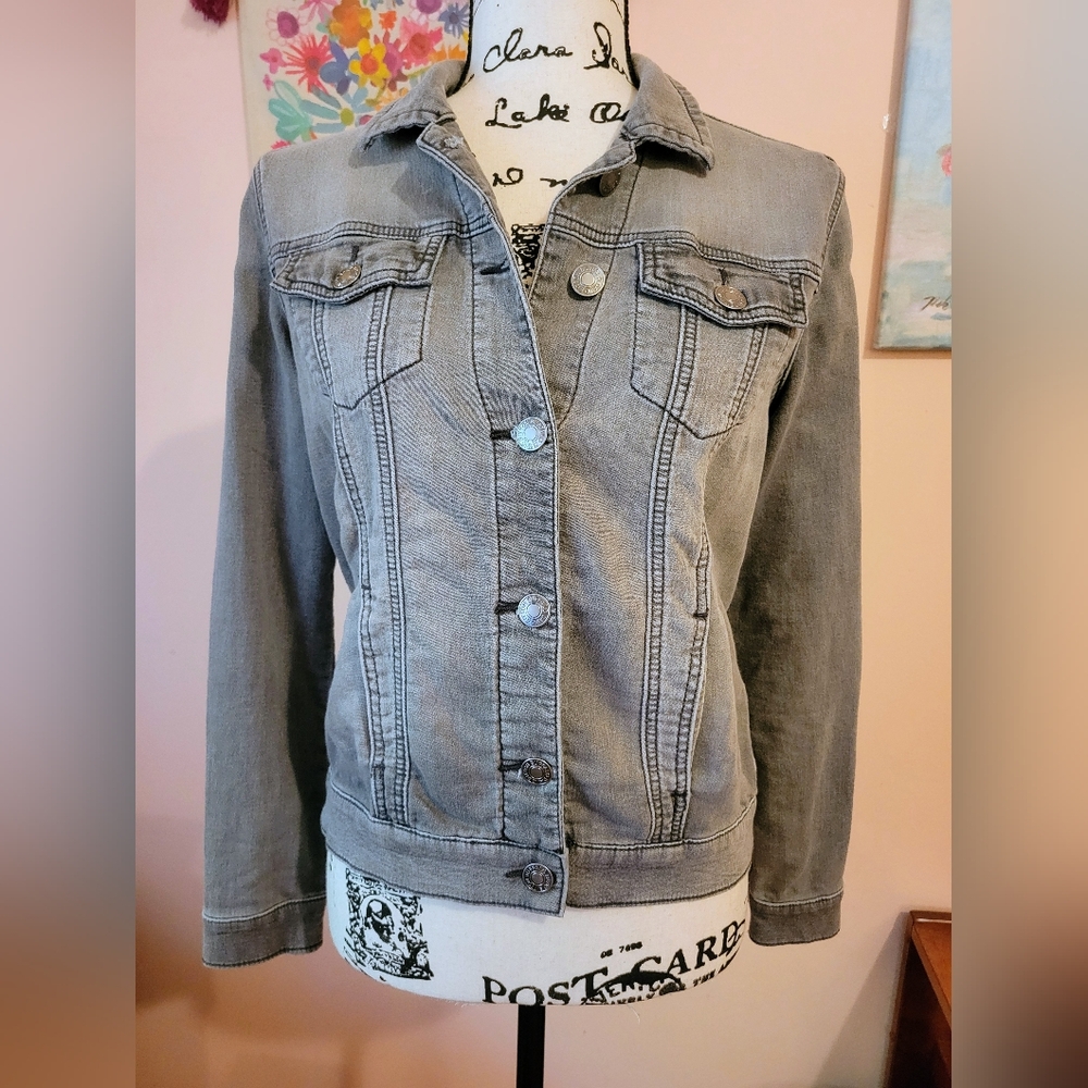 Buffalo David Bitton Light Gray Stretch Denim Knit Jacket, Pockets, EUC, S - Picture 5 of 16